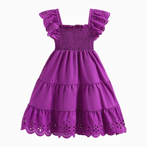 felwors Toddler Girl Dress Summer Outfits Kids Ruffle Puff Sleeves Boho Dresses Casual Sundress for Girls 4-7T(Dark Purple,4-5 Years)