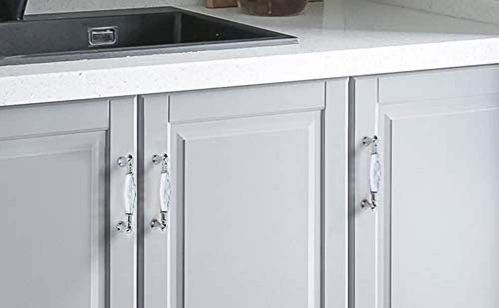 ABPETE Crystal Drawer Pulls Handles 5'' Hole to Hole Clear Glass Cabinet Knobs Pulls Dresser Knob Chrome Metal Silver Modern Cupboard Kitchen Bathroom Knobs (2, 5.0" Hole to Hole)