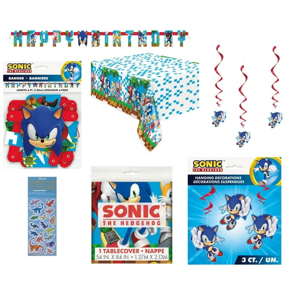 Sonic Birthday Party Supplies Bundle includes 1 Happy Birthday Banner 6ft, 1 Plastic Table Cover 54" x 84", 3 Hanging Swil Decoration with Cutouts, 1 Dinosaur Sticker Sheet