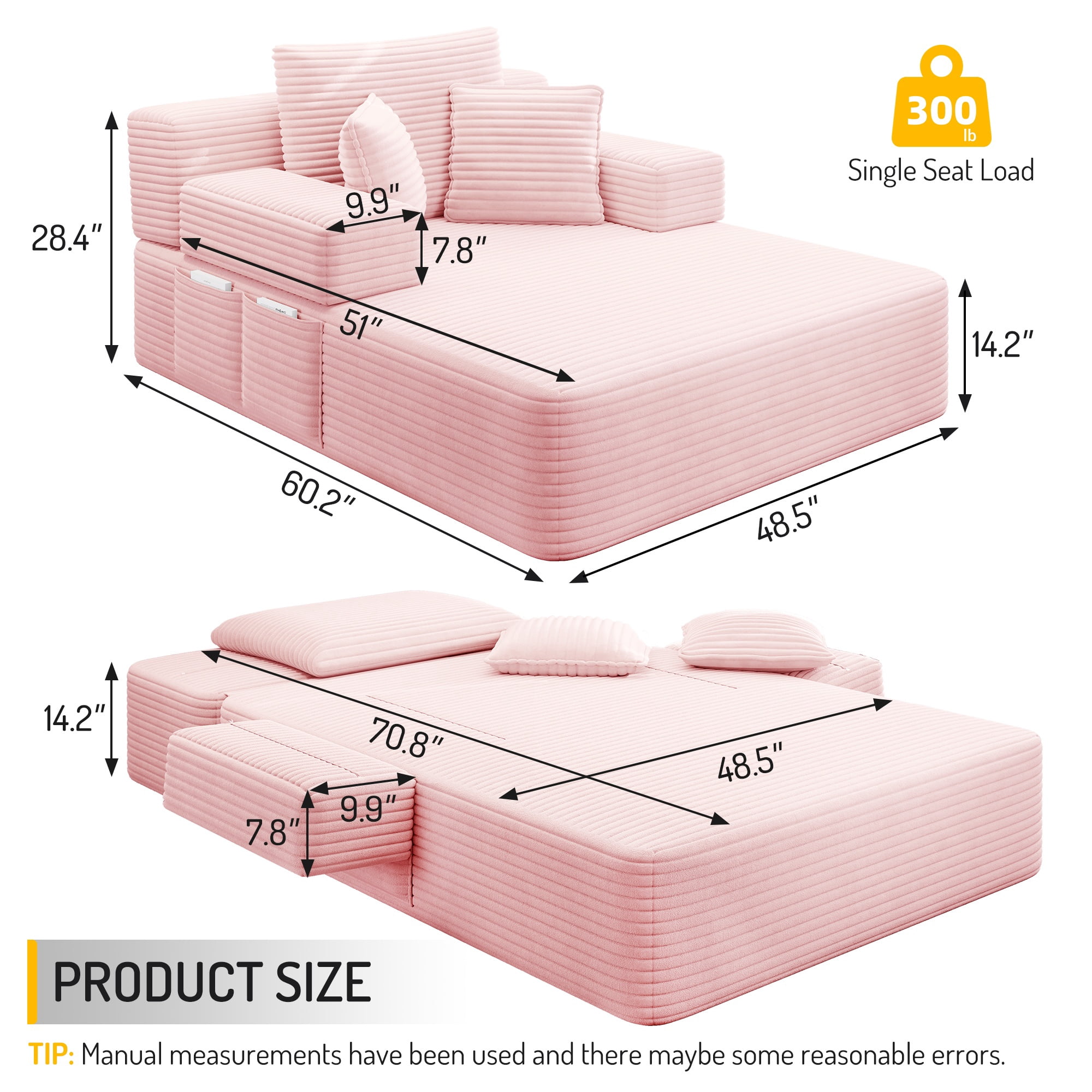 Alvantor Oversized Corduroy Convertible Chaise Lounge Sofa Bed, Baby Pink