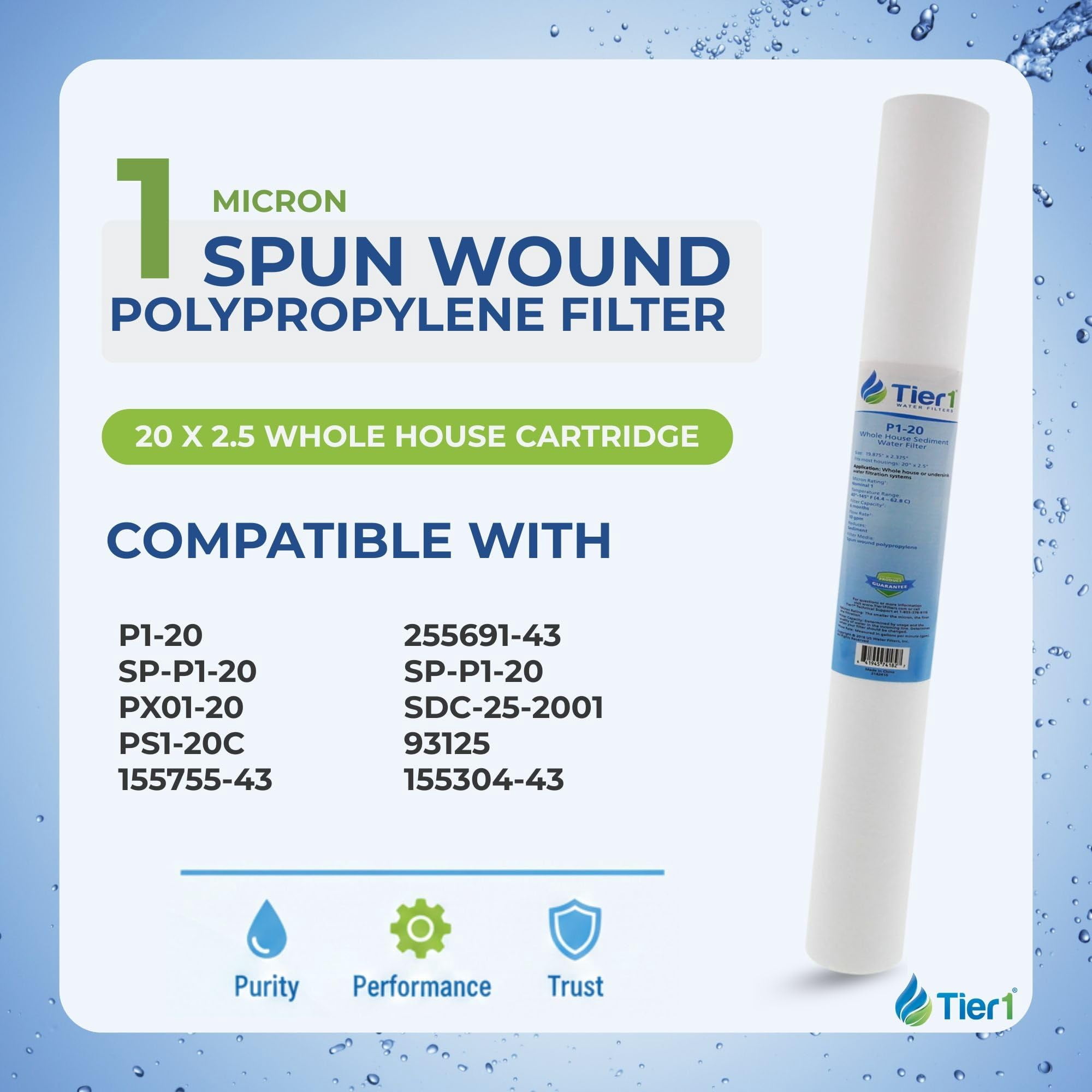Tier1 20 Micron 10 x 4.5 Water Filter | Spun Wound Polypropylene Whole House Sediment Water Filter Cartridge | Replacement for SDC-45-1020, FPMB-BB20-10, P20-10BB | 4.5 x 10 Water Filter (4-Pack)