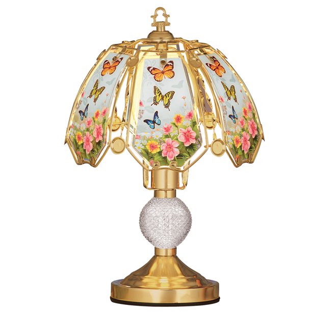 Collections Etc Floral Butterflies Glass Shade 3Light Touch Lamp 16