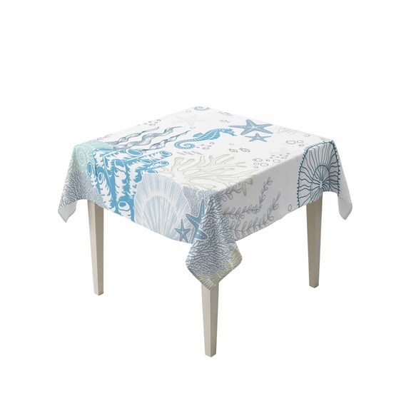 Coastal Blue Table Cloth, Ocean Coral Starfish Jellyfish Seahorse Waterproof Tablecloth for Square Tables, Reusable Washable Fabric Table Cover for Restaurant Kitchen Dining Tables 60"x60"