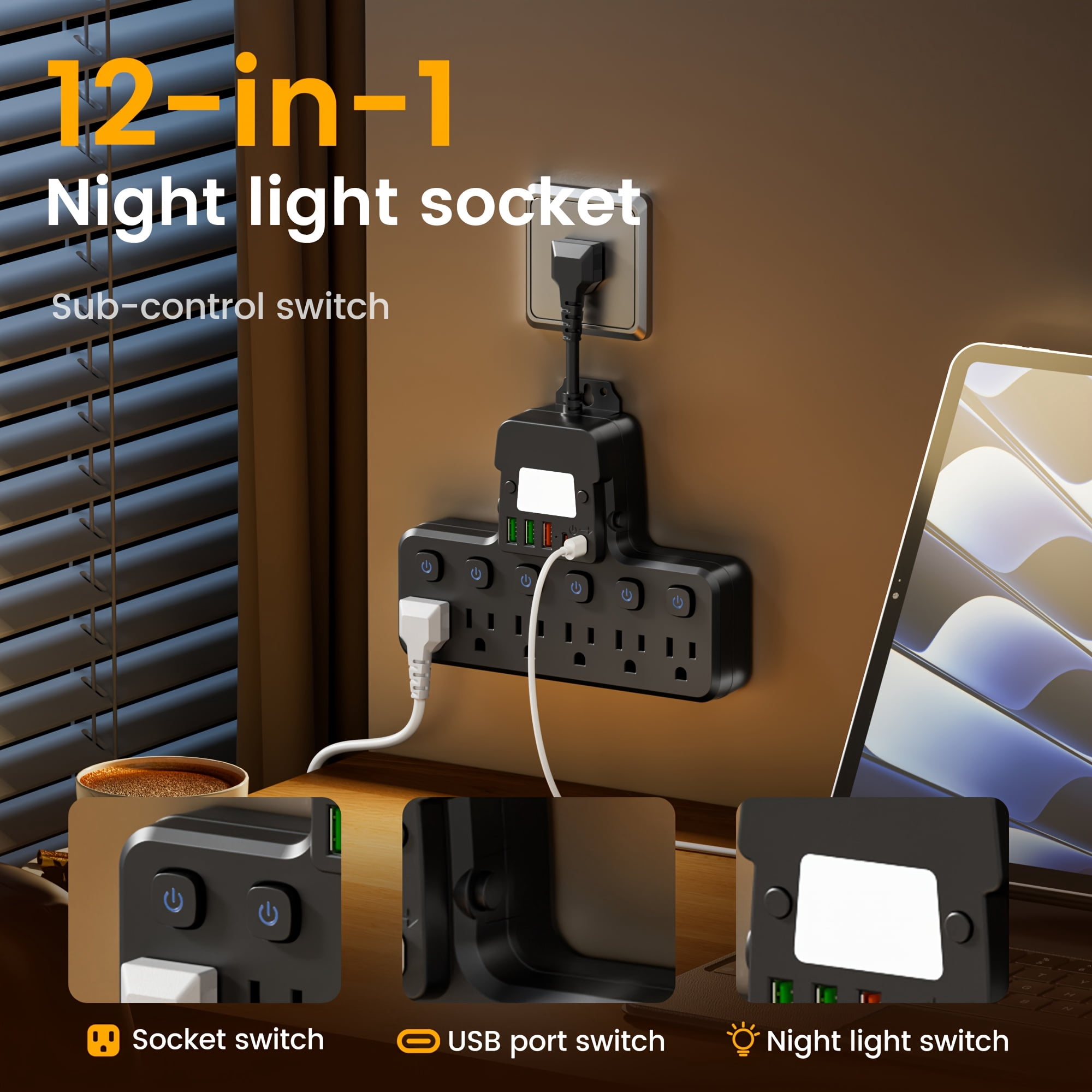 Multi-Functional Socket, USB Wall Charger, Surge Protector, 6-Outlet Power Strip with 5 USB Charging Ports (2 USB-C) And Night Light, Adapter for Home, Travel And Office Use