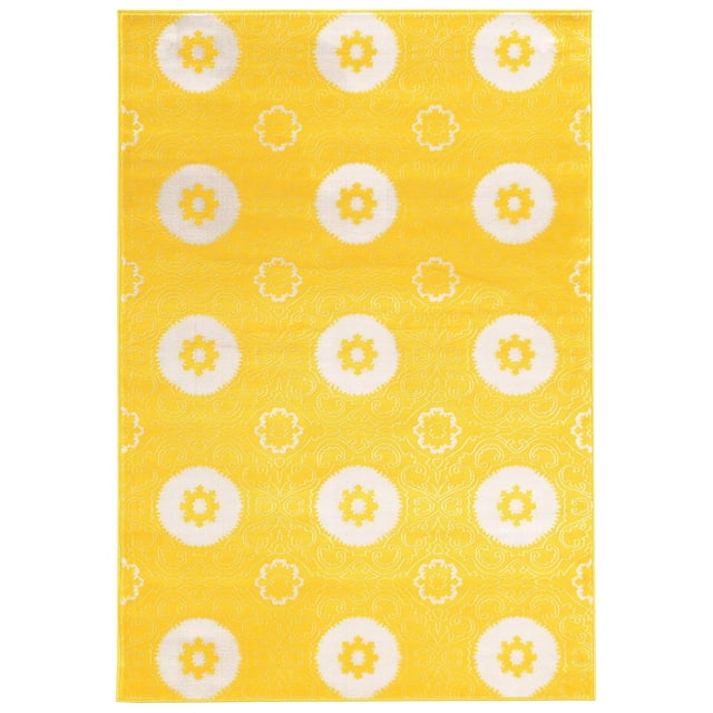 5.3X7.6 PRISMA KARMA yellow and white rectangular area rug made of 100% polypropylene featuring a flat finish with white faux silk circular floral patterns on a yellow background, machine made with an action back and latex content, suitable for modern home accent use.