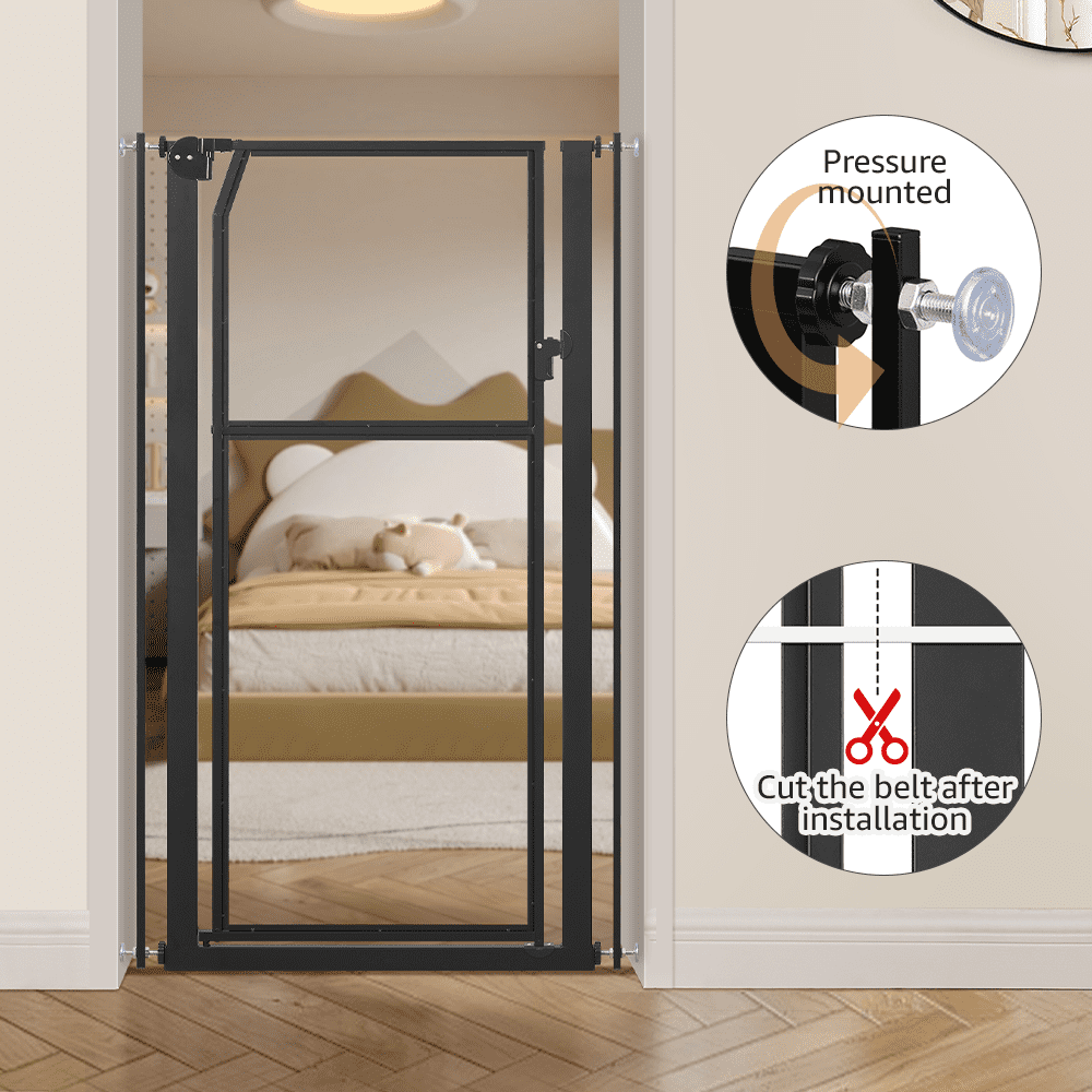 unipaws 56" Extra Tall Pet Gate, Clear Tall Cat Gate, 29.5-33.5" Wide No Drilling Pressure Mounted Dog Gate for Doorway, Hallway, Stairs, Black
