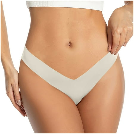 Ashirexll Panties for Women  Thongs for Women Low Waist Deep V-Neck Solid Color Seamless Traceless Stretch Silk Thong Panties Beige XL