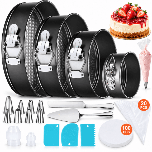 MOJINO Springform Pan Set, 4/7/9/10 Inch Nonstick Cake Pan Set, Cheesecake Pan with Removable Bottom and Decorating Supplies