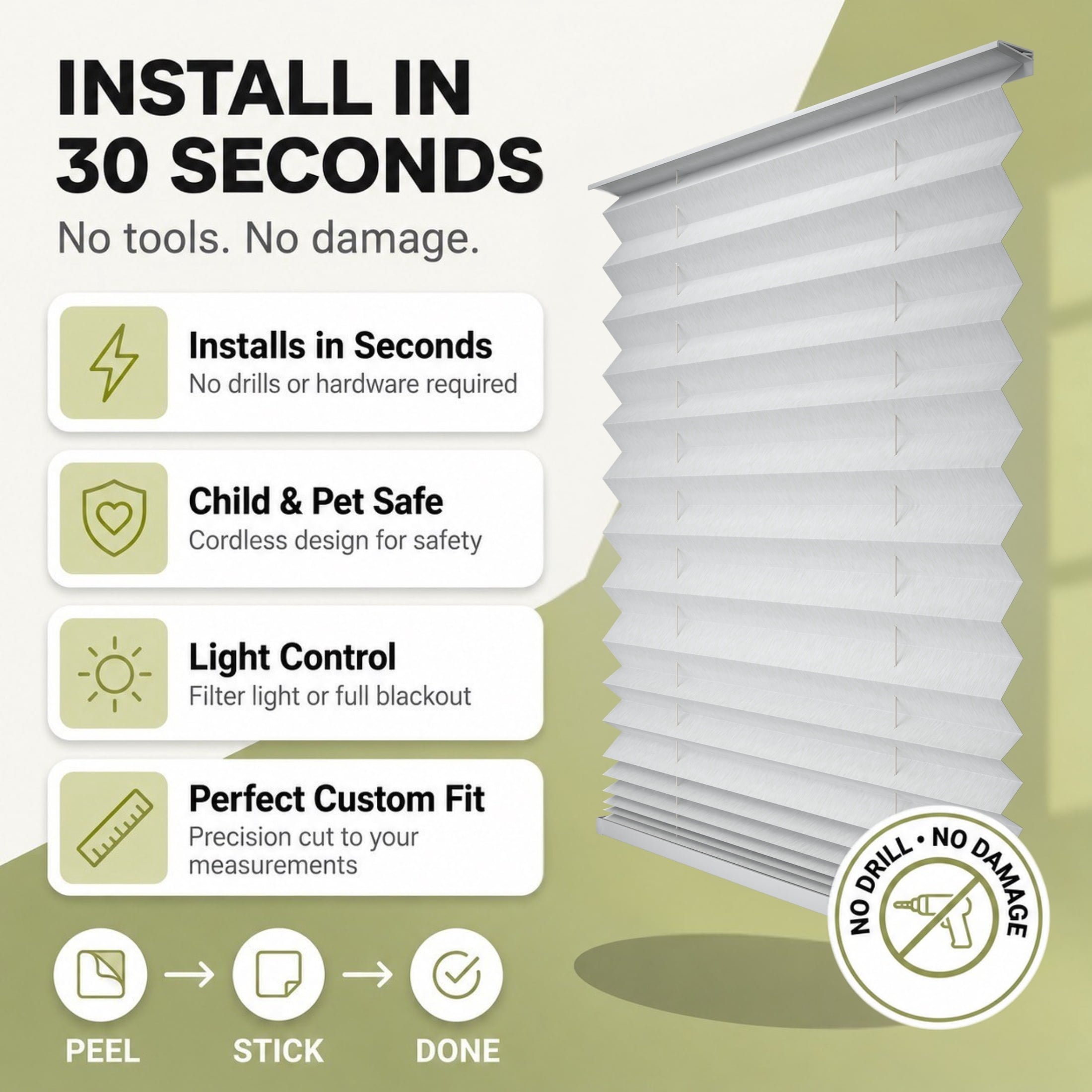BlindsAvenue No-Drill Blackout Pleated Adhesive Shade- 24.5" W x 64" H - Tool-Free Installation, Cordless Blind for Windows, White