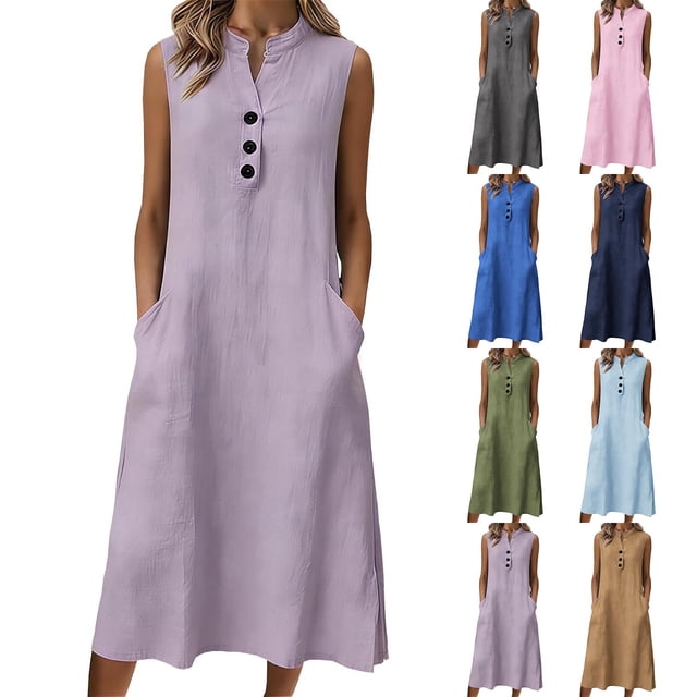 Mceream Robes en Lin pour Femmes Grande Taille 2026 Bouton Boho Col en V Sans Manches Robe Midi en Gaze de Coton Robe d'Été de Plage avec Poches Rose P