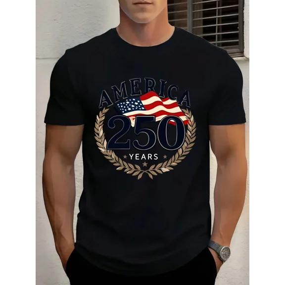 Men's America 250 Years Patriotic T-Shirt USA Flag Semiquincentennial Graphic Tee Black