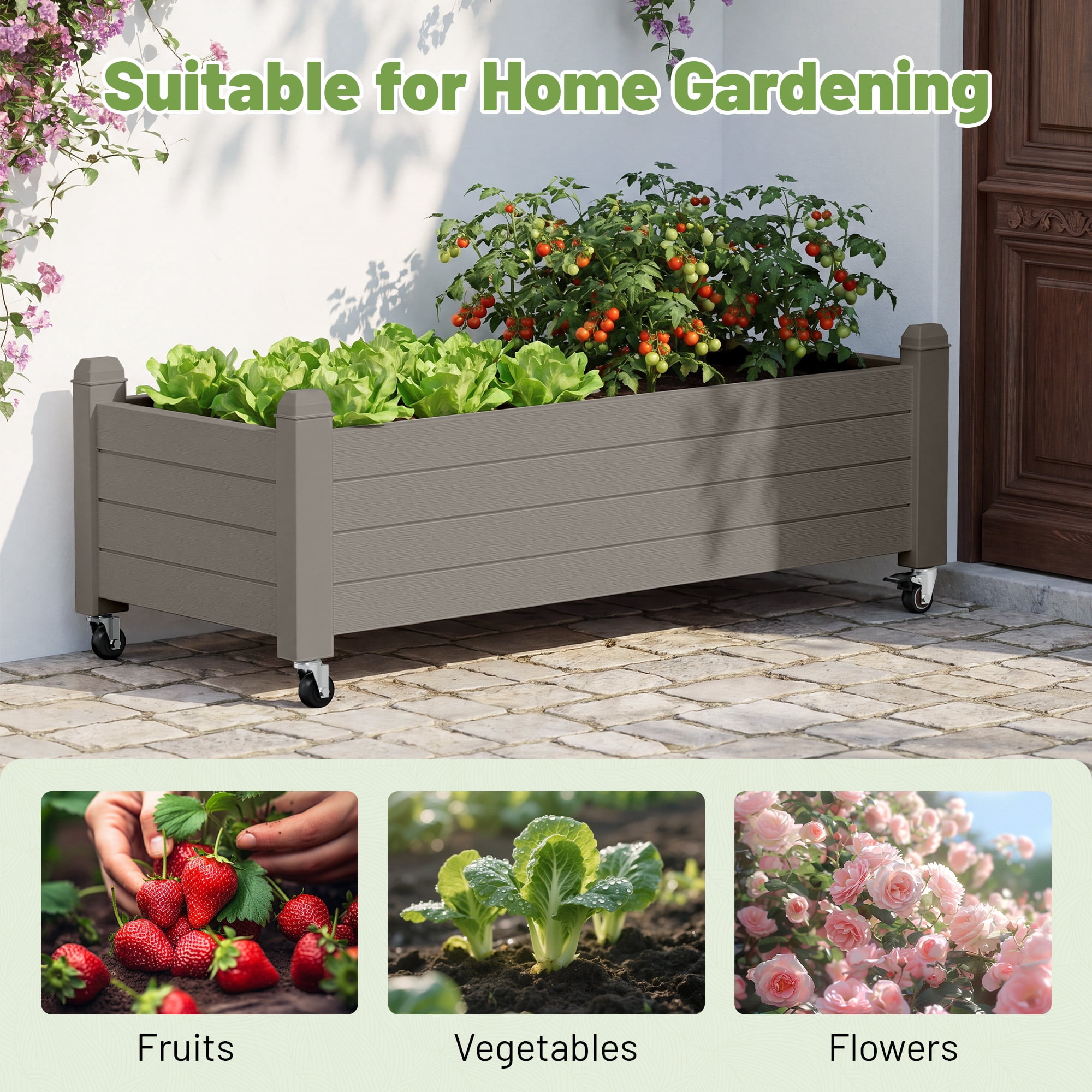 Nihsuao Mobile Raised Garden Bed with Lockable Wheels, Weather-Resistant Wood-Grain Planter Box for Patio, Balcony, Herb & Vegetable Growing, Gray