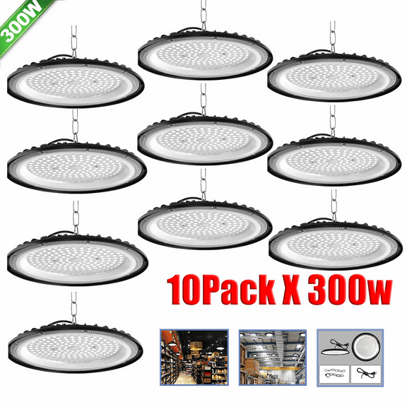 10 Pack 300W LED High Bay Light 30,000LM, 6000K Daylight UFO High Bay LED Shop Lights with Plug 5' Cable US Plug, IP65 Waterproof Lamp, Shop Lights, Commercial Workshop Garage granary Lighting