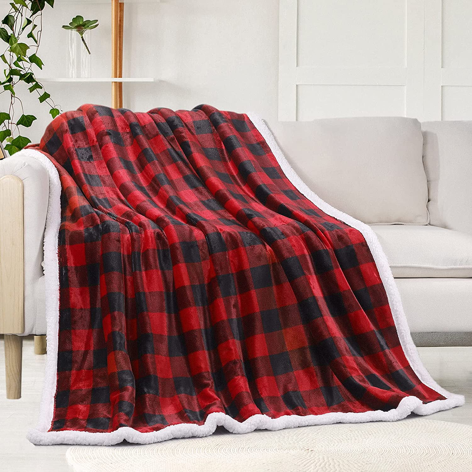 Flannel Bed Blankets Lightweight Plush & Warm Decorative Gingham Red Sofa Travel Camping Blankets for All Seasons 50x60inch Buffalo Check Plaid Soft Fleece Throw Blanket for Couch