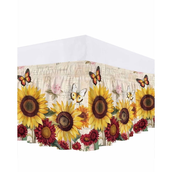 Sunflower Bed Skirt King Size, Farmhouse Rose Floral Vintage Butterfly Wrap Around Bed Skirting with Adjustable Elastic Strap, Dust Ruffled Pleated Bedskirts 18 Inch Drop for Bedroom King Beds