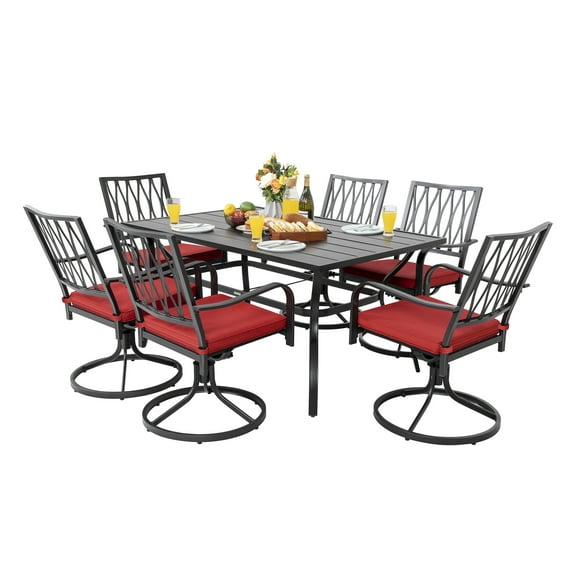 Nuu Garden 7 Piece Outdoor Patio Metal Dining Set with Swivel Cushioned Chairs & Rectangle Table for 6-Person,Black and Red Cushion
