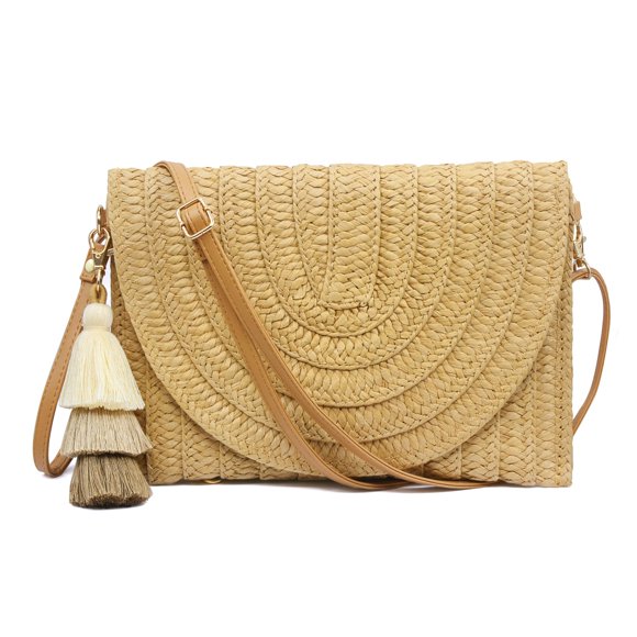 Cartera de mano de paja Aovtero tipo sobre, bandolera, 28,5 x 22,5 cm, marrón claro