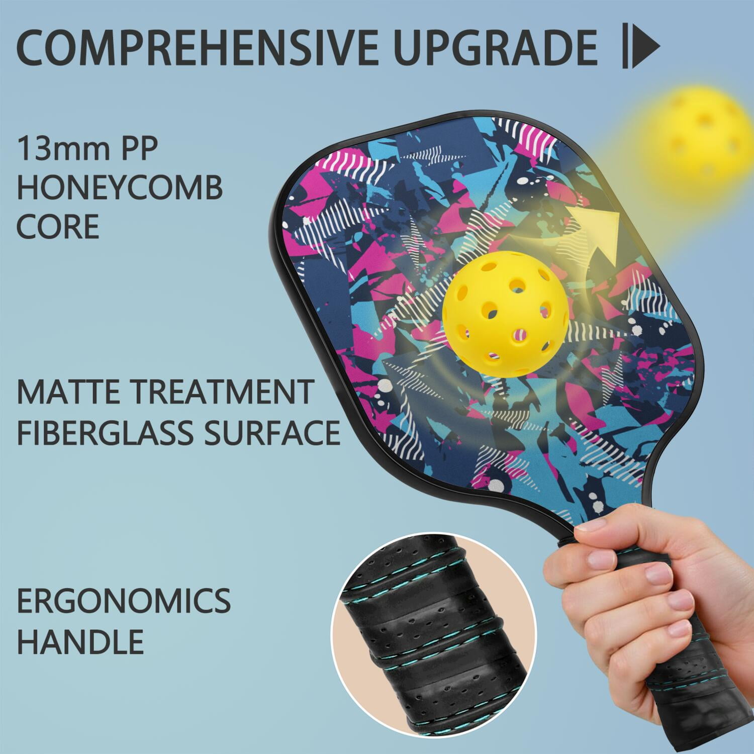 Pickleball Paddles Set Of 2, Fiberglass Surface, Colorful Geometry Print, 4 Balls & Bag
