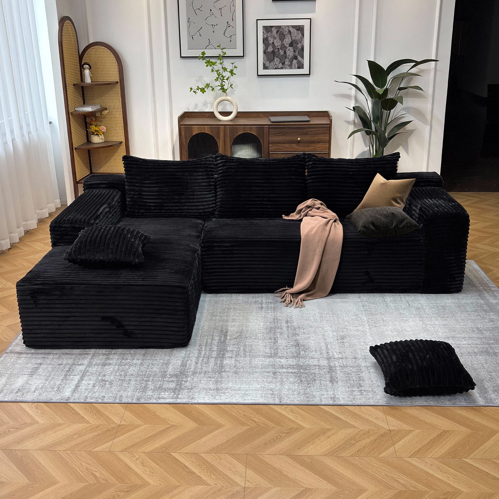 Kelyda 104'' Modular L-Shaped Sectional Sofa, Modern Memory Foam Deep Seat Corduroy Boneless Cloud Couch Black