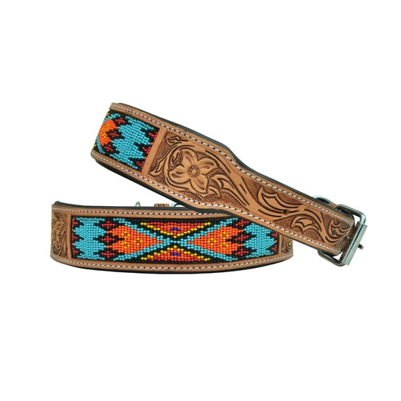Leather Dog Collar Large Size Western Style Heavy Duty Hand Tooled Adjustable Beaded and Padded Soft for Puppies and Big Dogs 10AB027-L