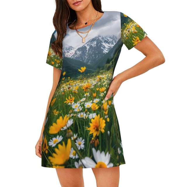 Balery Mountain Daisy Meadow Camisón de manga corta con cuello redondo para mujer, cómodo y elegante.