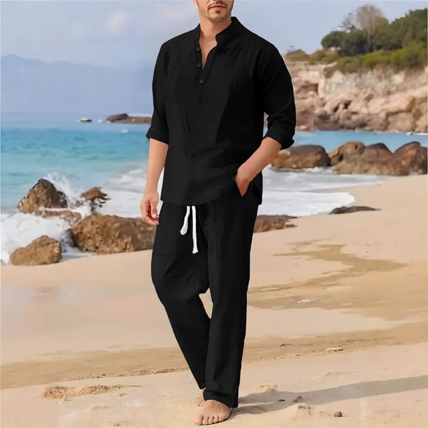 Ceisia Men's Loose Fit Pre-Shrunk Linen Stand-Up Collar Henley Top & Wide-Leg Pants Set | Beach Casual Two-Piece Outfit Gifts