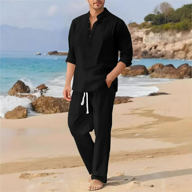 NTACZA Long Sleeve Set for Men Henley Pants Set Collared Mens Button Vacation Set XL