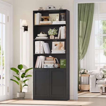 Hiphuta 73" Tall 6-Tier Bookcase with Cabinet, 26" Wide Minimalist Single Row Bookshelf with 2 Doors and 4 Open Shelves, for Office Living Room, Black