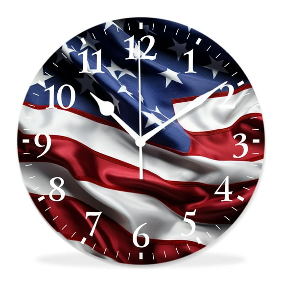 12 Inch Wall Clock Battery Operated Silent Clock Decorative for Office, Kitchen, Outdoor, Living Room,Closeup of Ruffled American Flag Art
