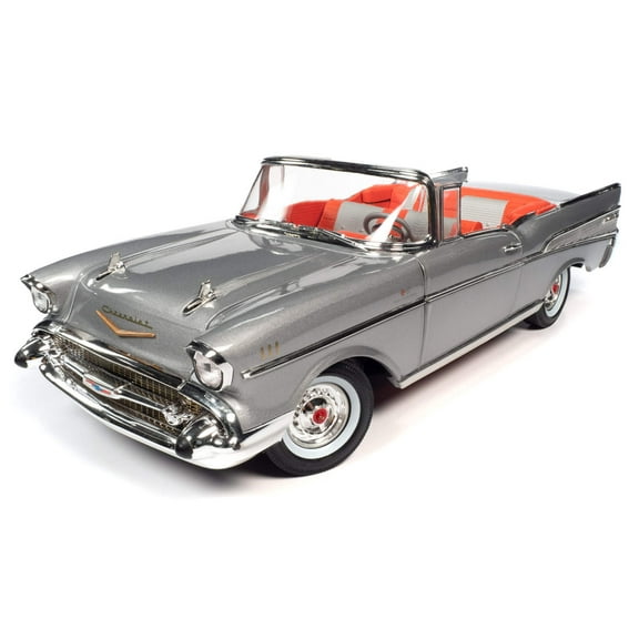 1957 Chevrolet Bel Air Convertible Inca Silver Metallic with Red and Silver Interior 1/18 Diecast Model Car by Auto World