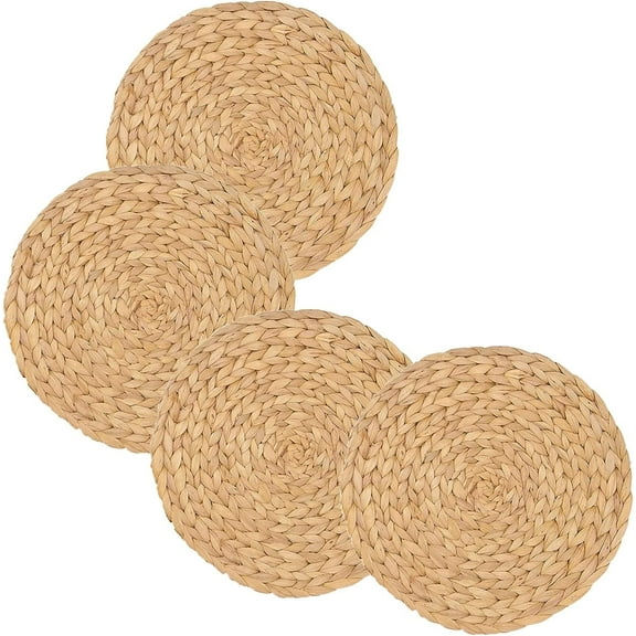 Happon Water Hyacinth Woven Placemats Set of 4, Natural Wicker Round Braided Placemat, Straw Weave Rattan Tablemats 9.84 Inch, Heat Resistant Non-Slip Handmade Table Mats for Dining Table