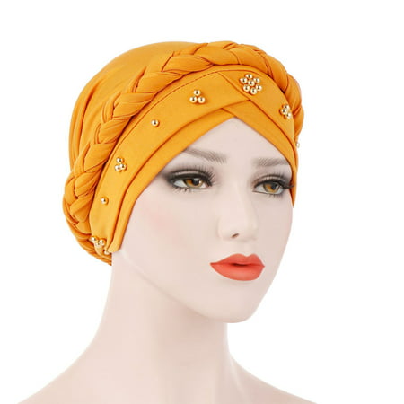 Fancyleo Women Muslim Turban Cotton Bandanas 2019 Fashion Spring Color Solid Beaded Braid Women Headwraps Hair Accessories