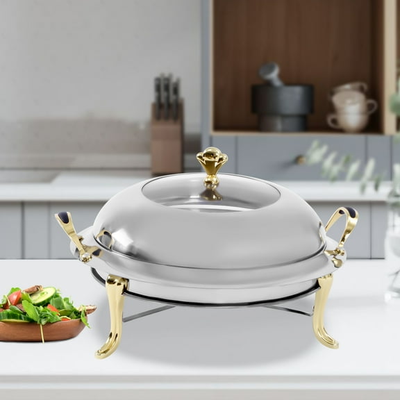 TOOL1SHOoo Stainless Steel Round Durable Buffet Warmer Tray Durable Frame with Lid and Fuel Holder for Kitchen Party Dining Buffet-Without Water Pan(Gold)