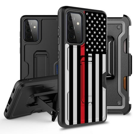 Bemz Armor Kombo Series for Samsung Galaxy A52 5G Case (Heavy Duty Rugged Kickstand Cover with Belt Clip Holster) with Touch Tool - Thin Red Line USA Flag