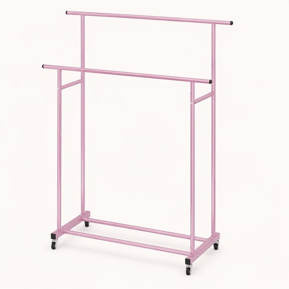 Rose Gold Double Rod Rolling Garment Rack with Wheels, Freestanding Metal Clothes Rack for Bedroom, Laundry Room and Clothing Display,