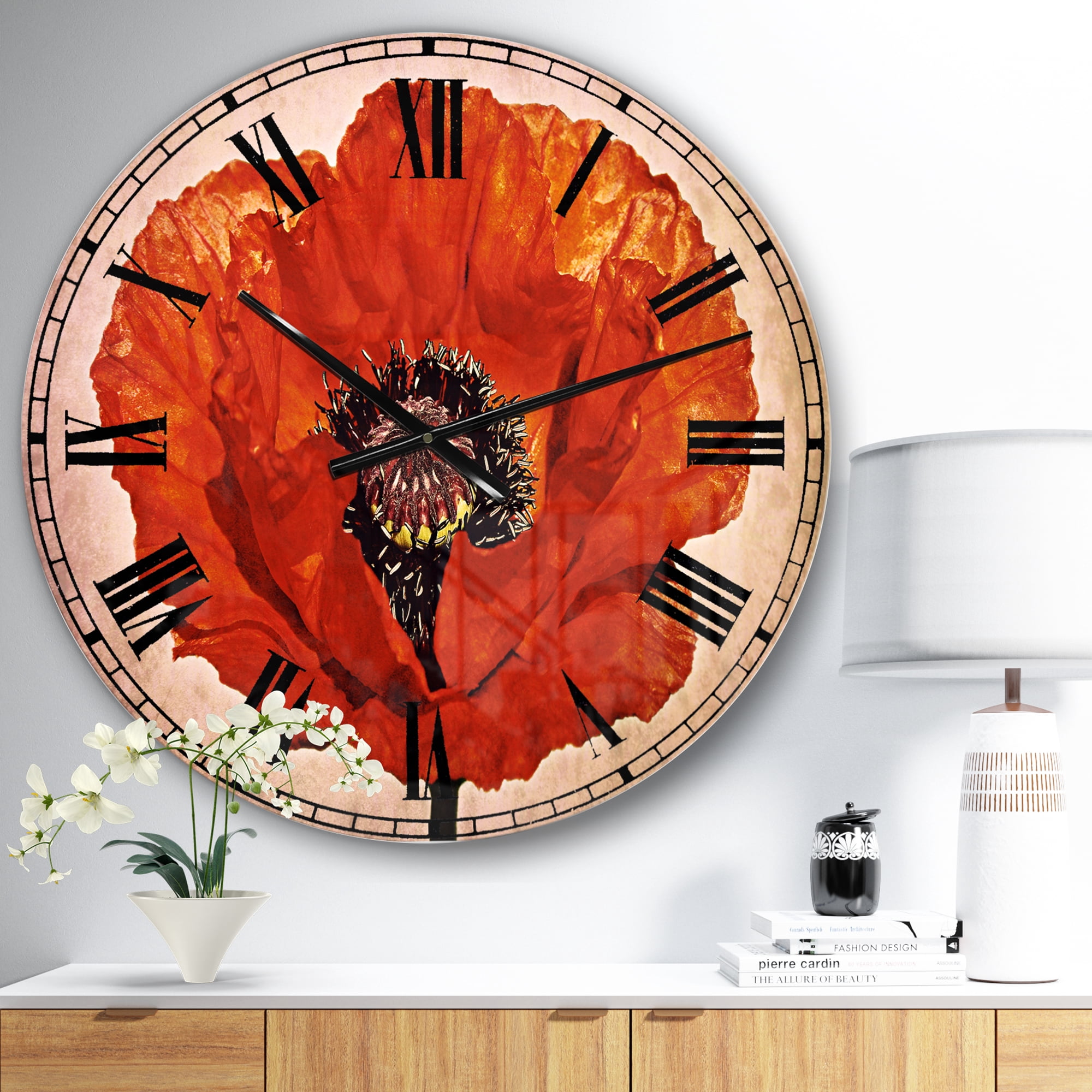 Designart 'Red Poppy Blossom Close Up' Traditional wall clock