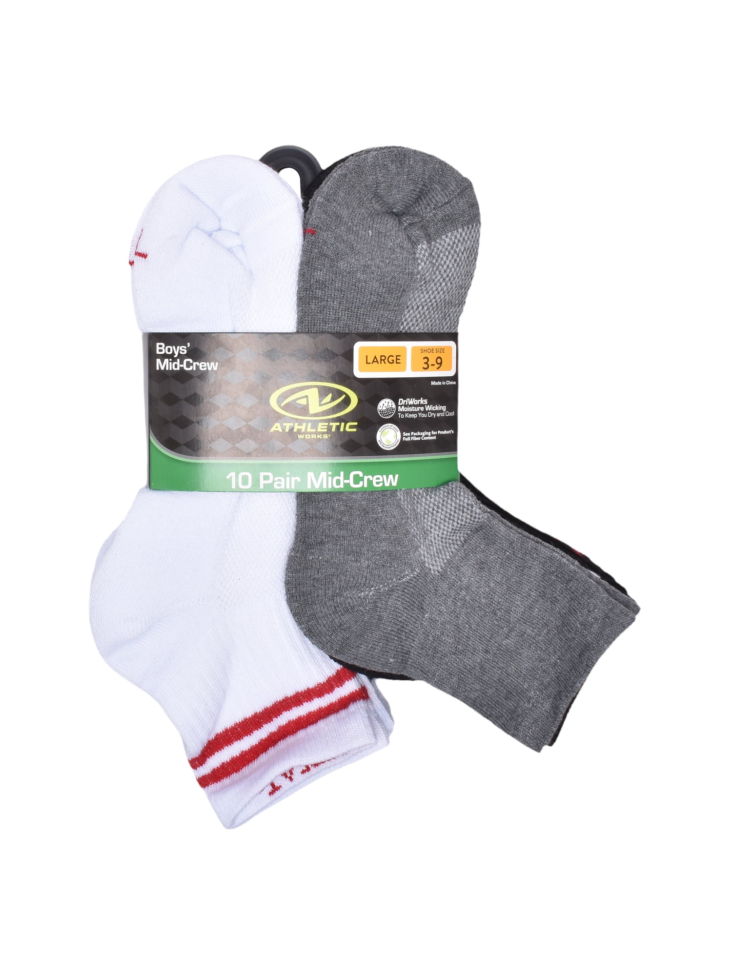 Athletic Works Boys Mid Crew Socks, 10 Pack, Sizes S-L