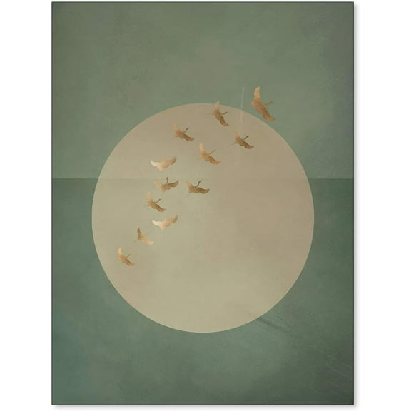 Green Gold Flying Cranes Sun Wall Art Mid Century Japanese Animal Bird Poster Abstract Landscape Canvas Prints for Living Room Bedroom Dorm Wall Decor 08x10 inch Unframed