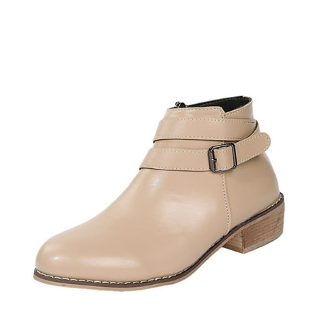 

jsaierl Women Boots Winter Buckle Strap Chunky Heels Slip On Retro Ladies Footwear Shoes