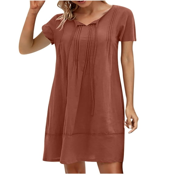 Tumotour Summer Dress For Women Cotton Shirt Dress Round Neck Casual Short Sleeve Down Beach Cover Up Shirts With Pockets