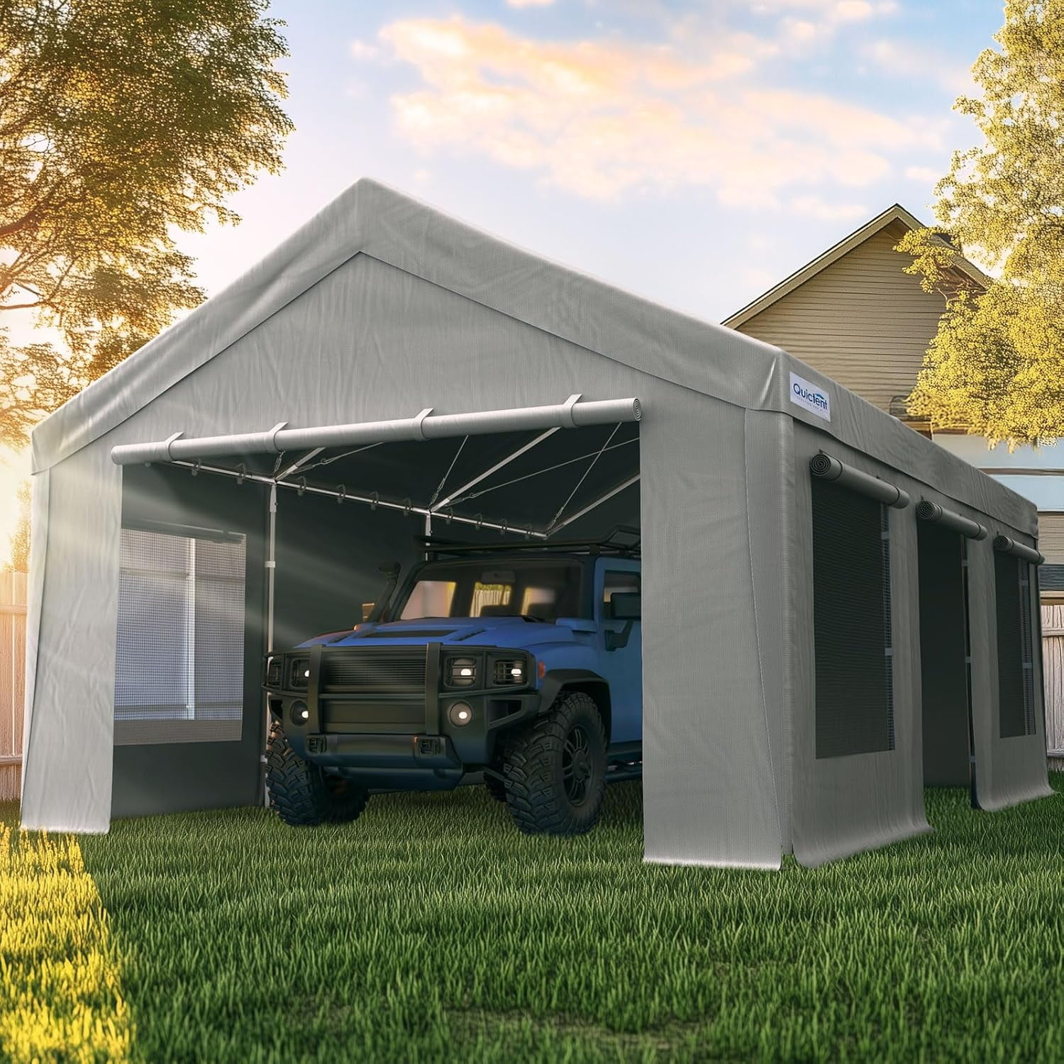 Quictent 12x20 ft Heavy Duty Carports with Side Zipper Doors & Snowproof Steel Cables & Ventilated Windows, Waterproof Storage Shelter for Outdoor Equipment, Gray