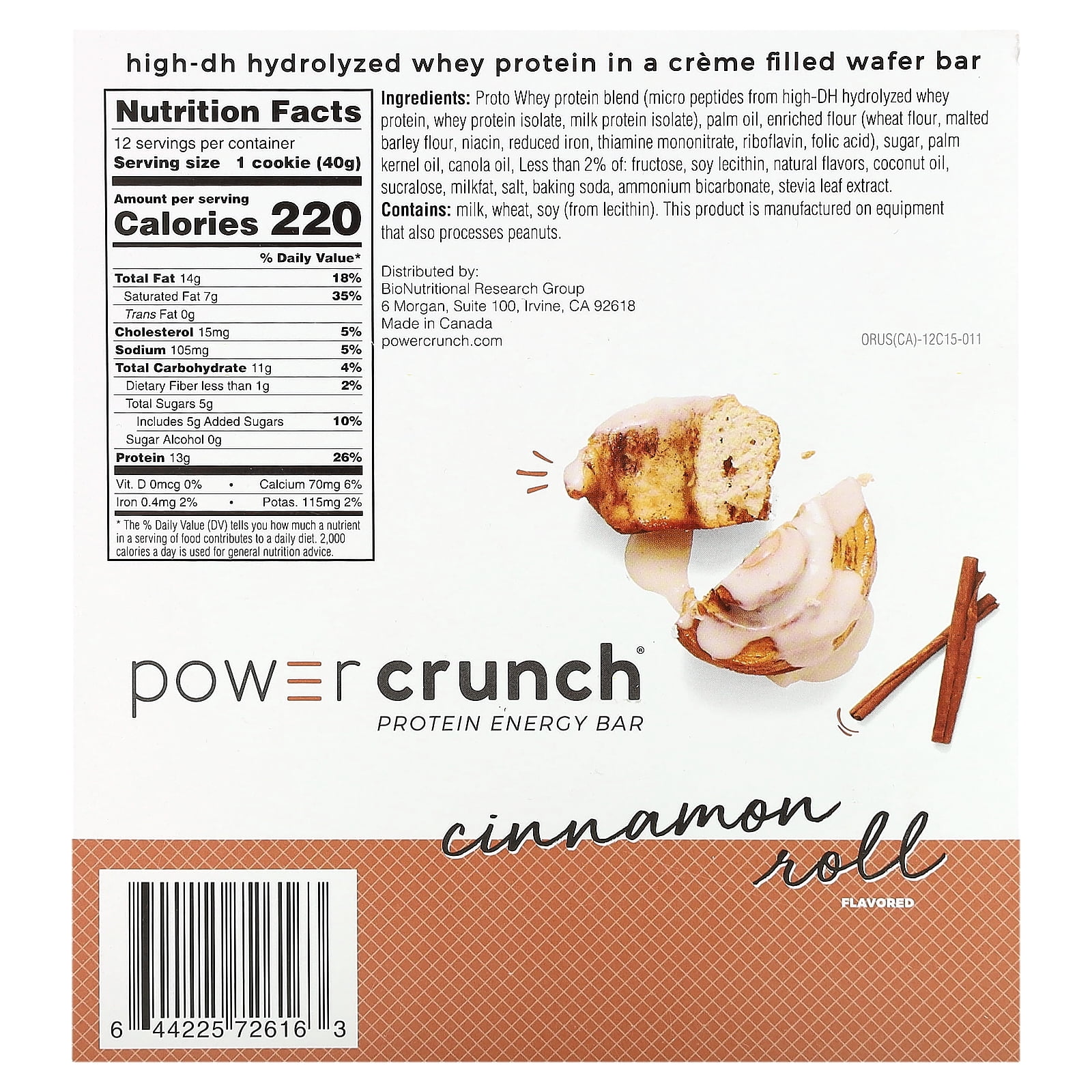 BNRG Power Crunch®, Protein Energy Bar, Cinnamon Roll, 12 Bars, 1.4 oz (40 g) Each