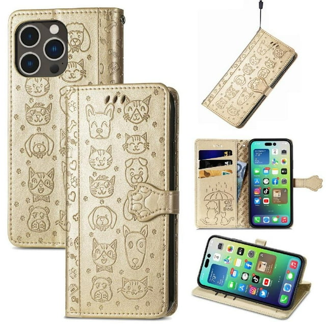 Funda Cartera FOXDOCK para iPhone 14 ProMax , Flip PU con Relieve de Gatos y Perros, Tarjetero y Soporte