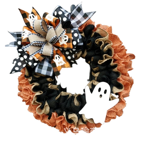 Honganda Halloween Wreath for Front Door, Buffalo Plaid Bow Ribbon Ghost Artificial Wreath, Festival Creepy Garland Horror Decoration