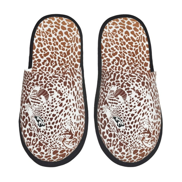 Balery Leopard Brown Pantuflas de Casa de Felpa Silenciosas con Diseño Estampado, Zapatillas Cómodas Antideslizantes de Algodón para Interior-Large