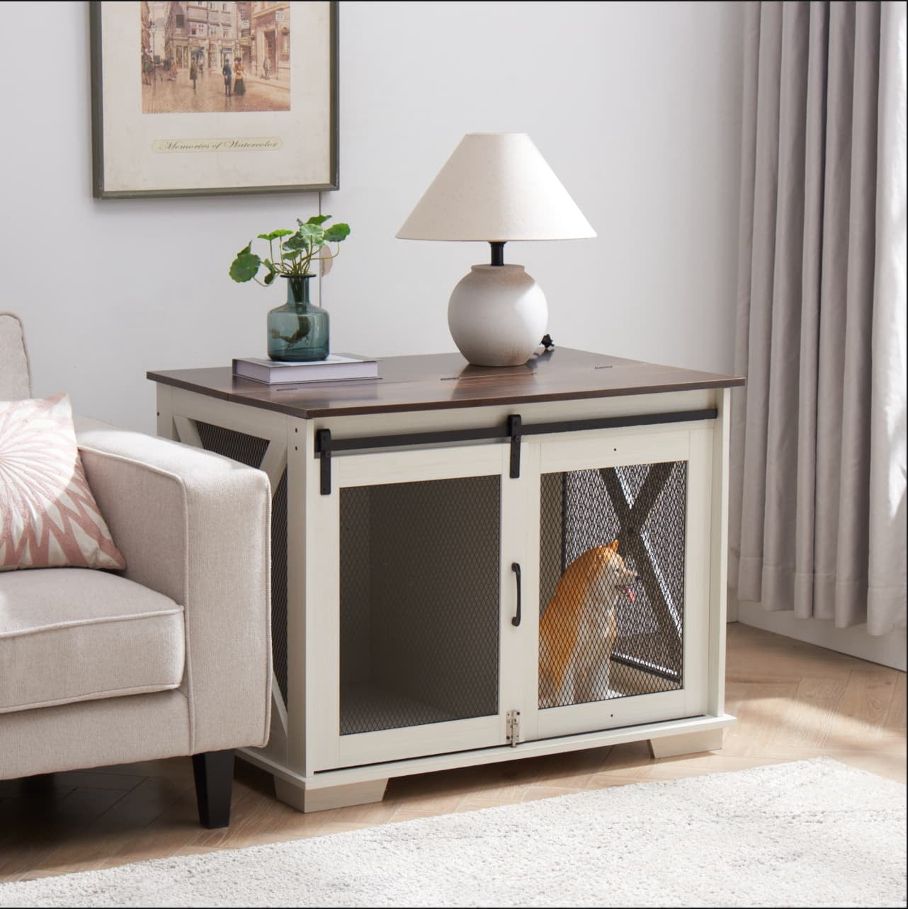 Farmhouse Dog Crate End Table Furniture – Sliding Barn Door, Flip-top Plate & Detachable Divider for Small/Medium/Large Dogs (Gray)