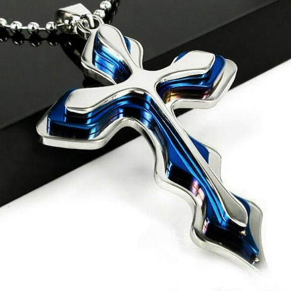 Soumake 2Pcs Men Fashion Rhinestones Inlaid Jesus Cross Pendant Chain Necklace Gift