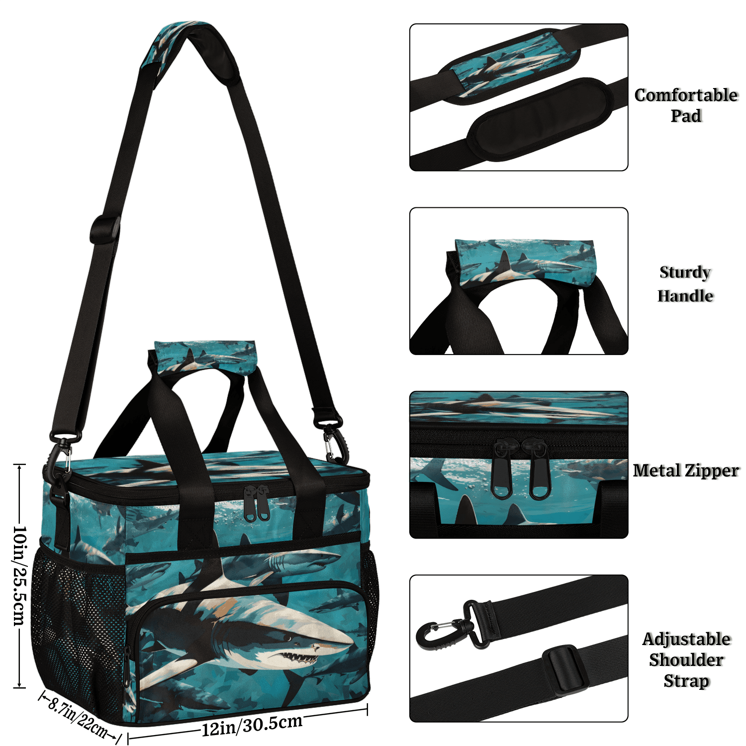 Herdesigns Shark Fish Large Lunch Box for Adults Women Men with Adjustable Shoulder Strap, Insulated Reusable Lunch Bag Leakproof Cooler Tote Bag