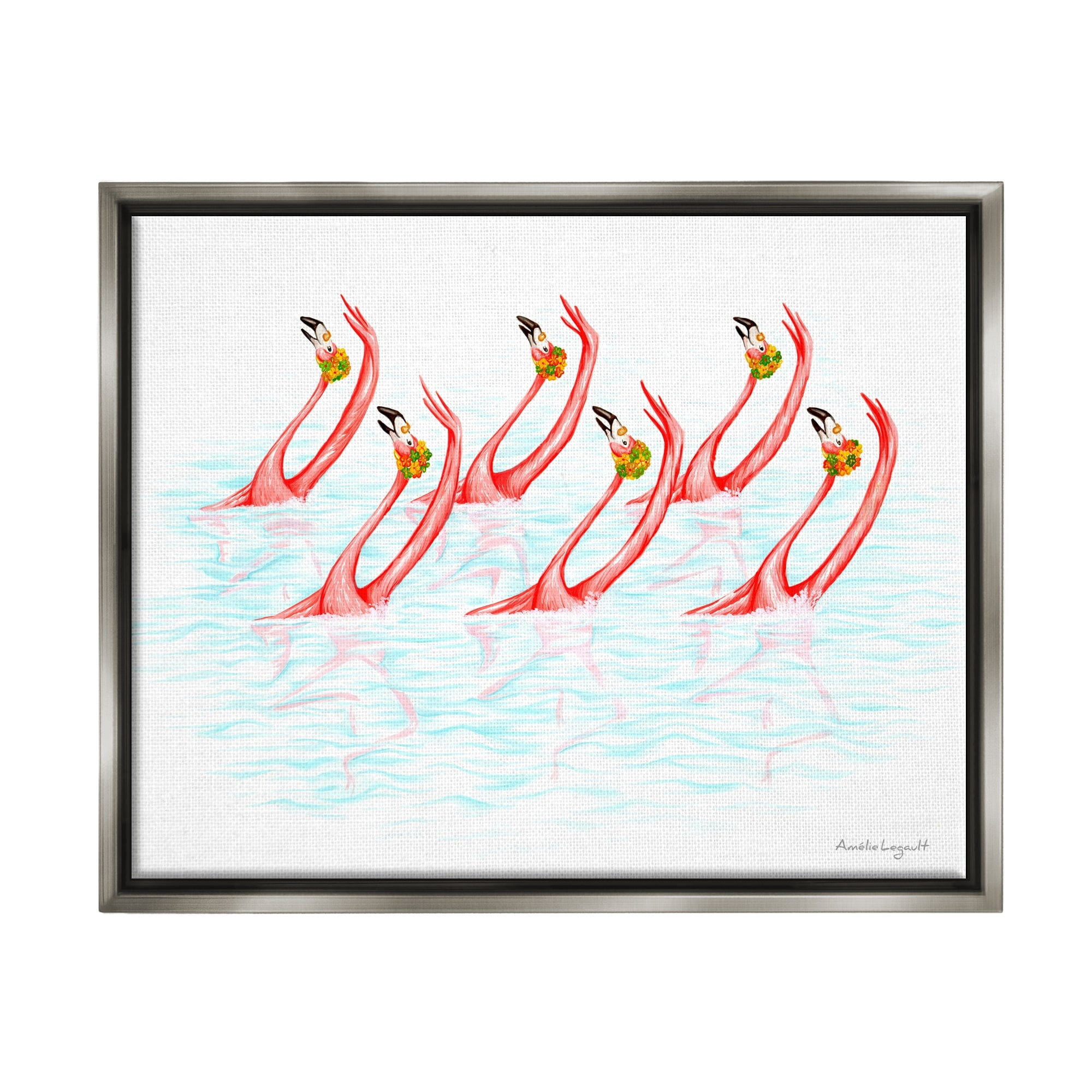 Stupell Industries Six Flamingoes Birds Synchronized Swimming Floral Caps Graphic Art Luster Gray Floating Framed Canvas Print Wall Art, Design by Amelie Legault