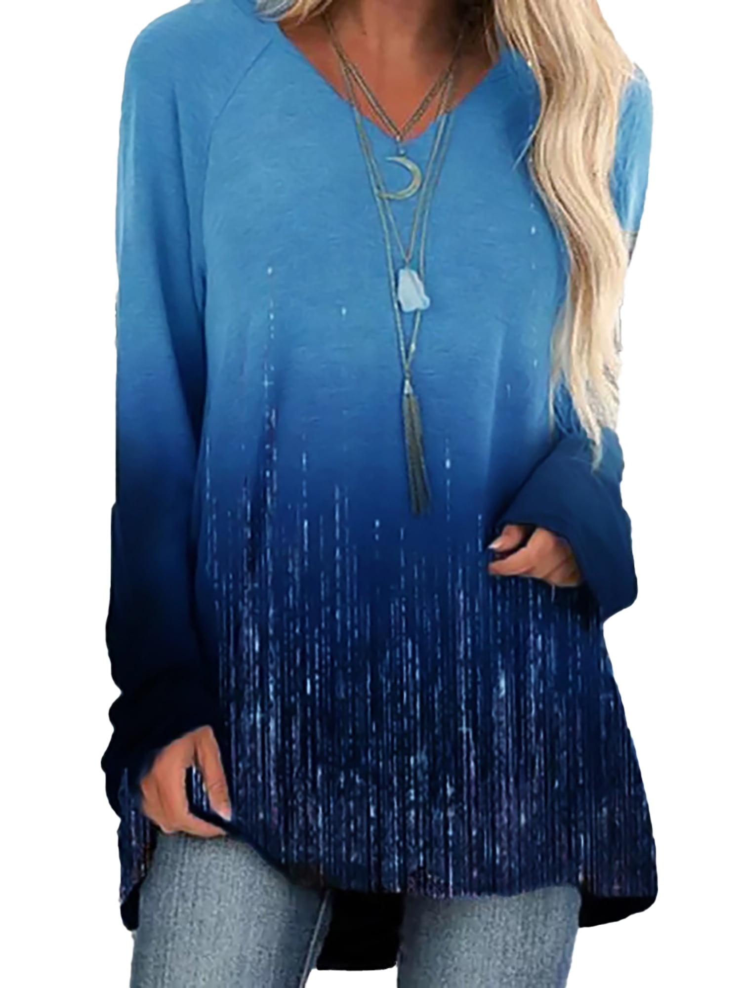 Nananla Women Top Long Sleeve Gradient Long Length Top Blouse